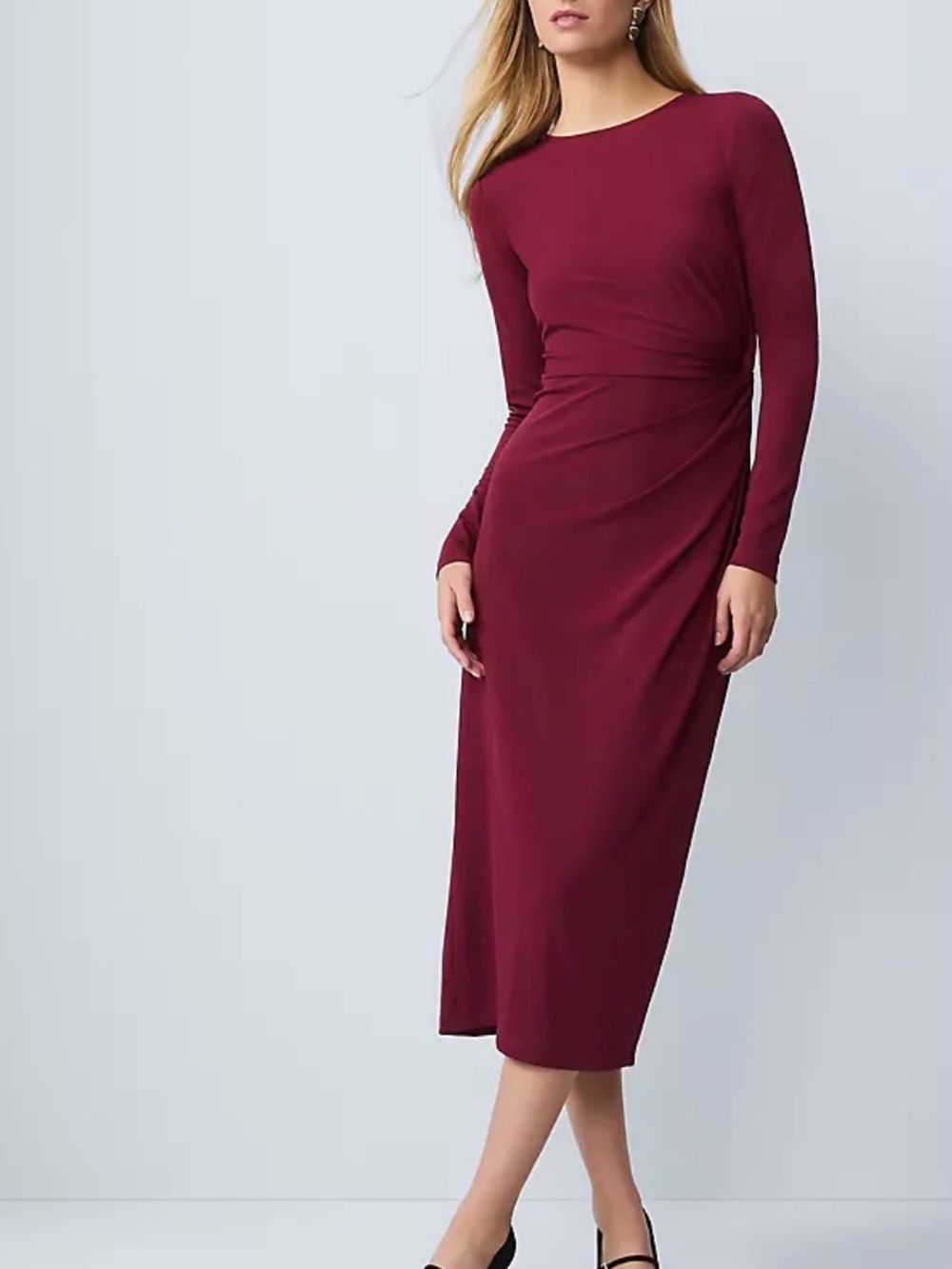 Crew Neck Twist Sheath Dress Long-Sleeve Burgundy Midi Dress new with tag